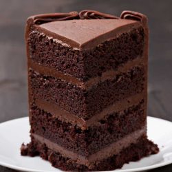 Fudge Cake with layers of chocolate sponge cake and chocolate icing.